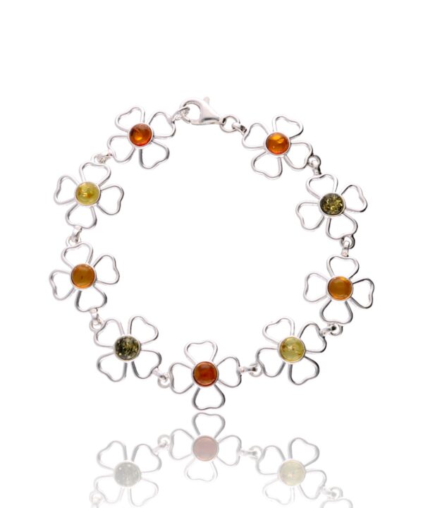 Bransoletka srebrne koniczynki z kolorowymi bursztynami